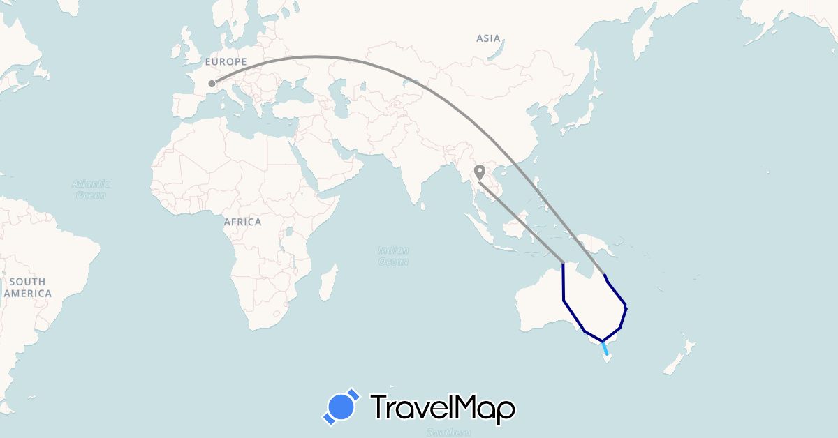 TravelMap itinerary: driving, plane, boat in Australia, France, Thailand (Asia, Europe, Oceania)